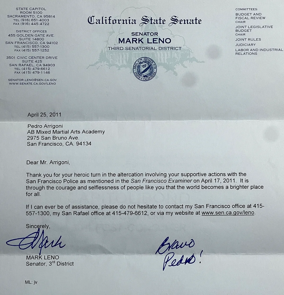 Letter from California State Senator Mark Leno, 2011