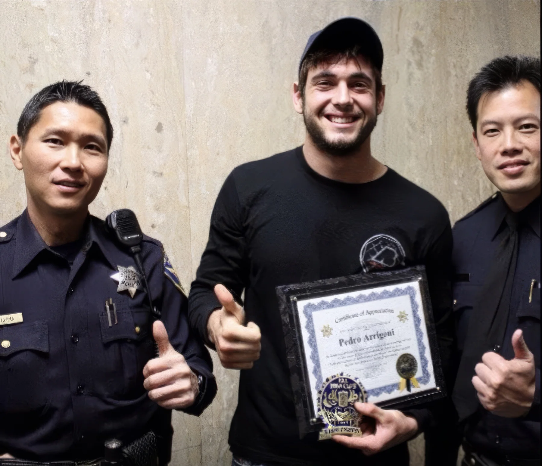 Pedro Arrigoni with two San Francisco police officers, holding his SFPD Certificate of Appreciation in 2011
