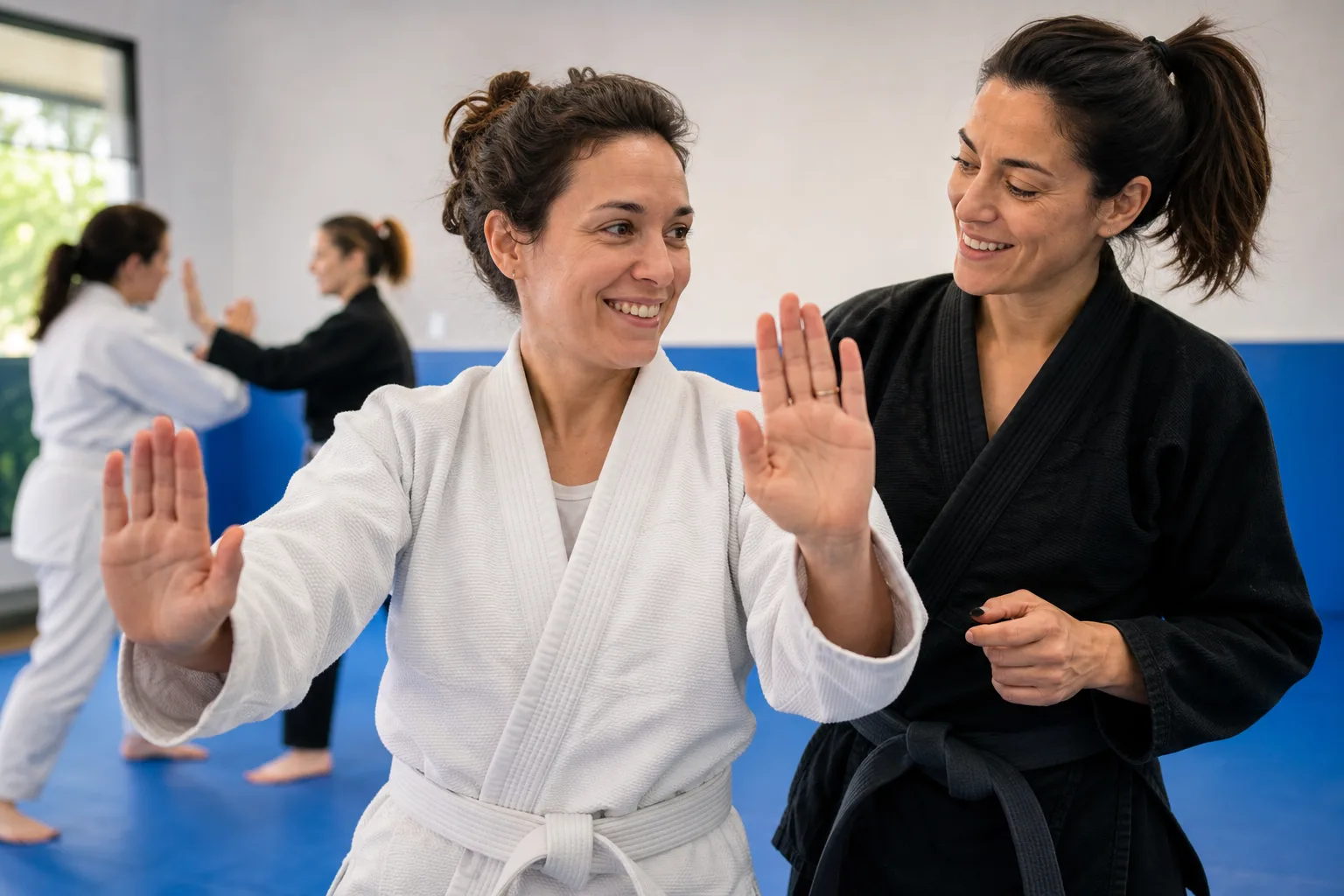 Smiling woman in a white gi practicing a self-defense stance with open hands while her coach encourages her